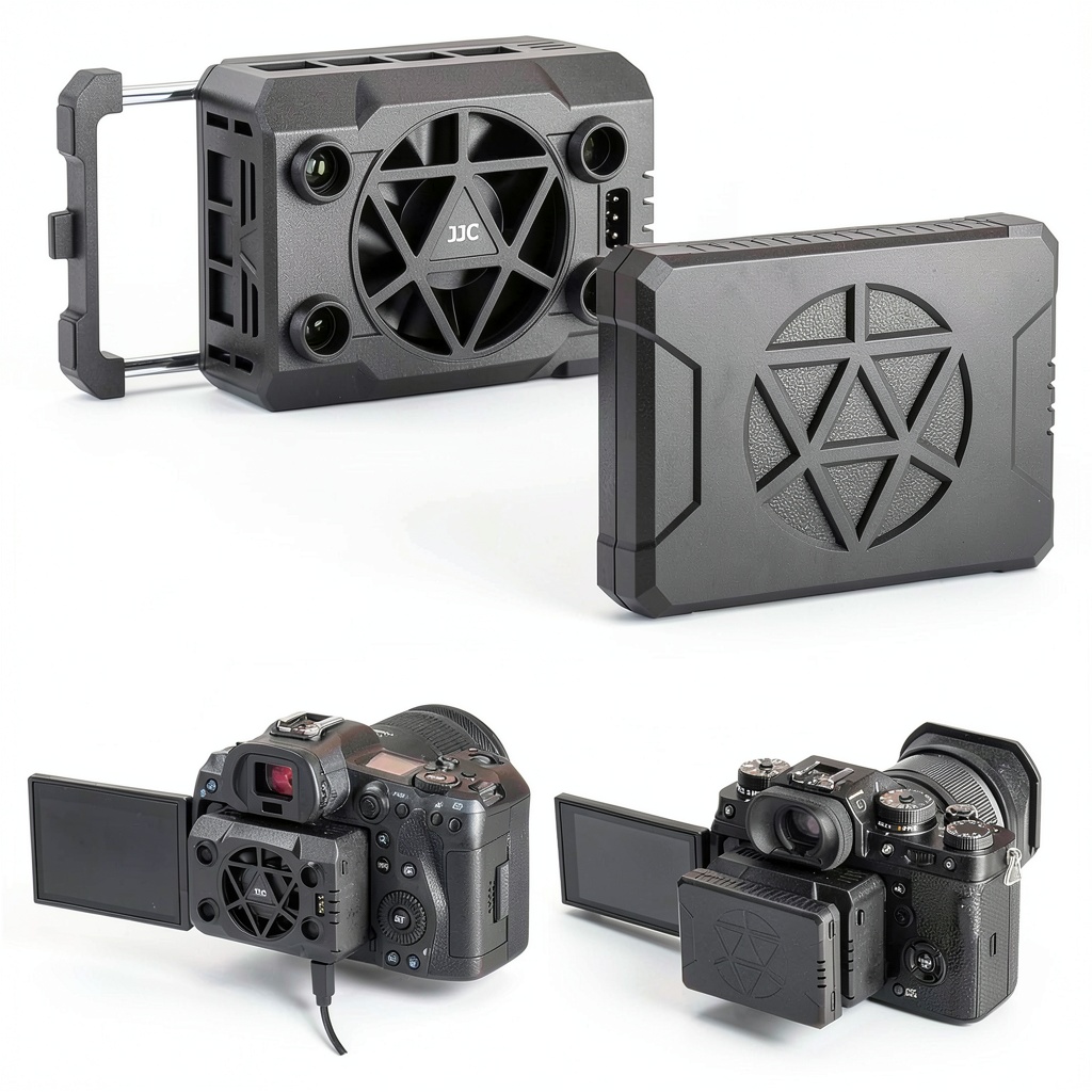 JJC Camera Cooling Fan attached to a DSLR camera