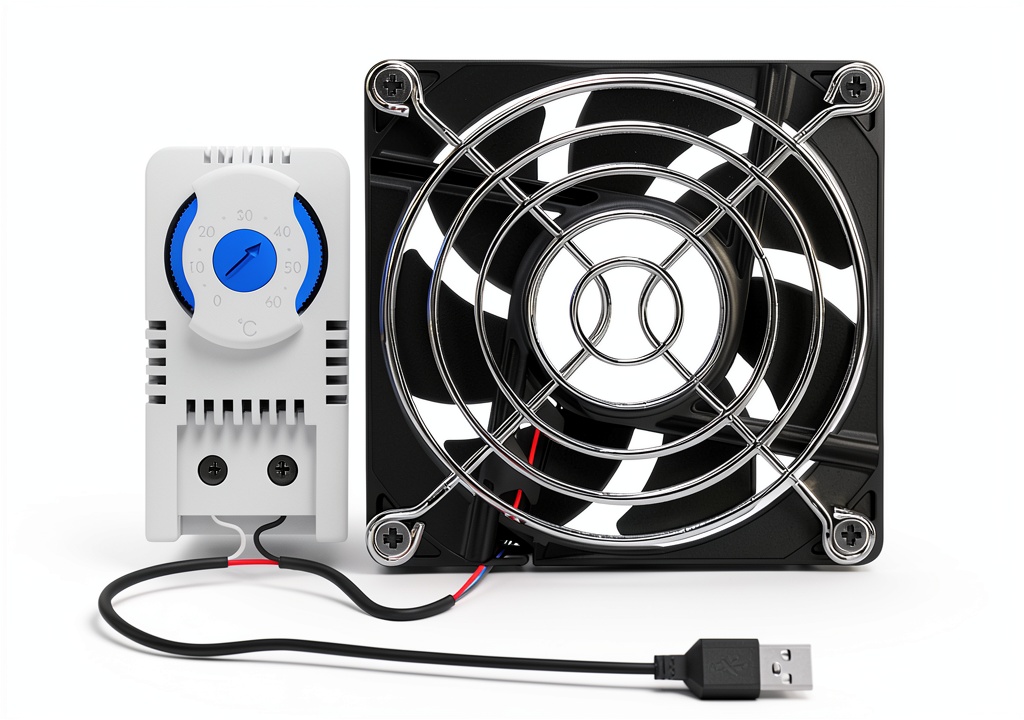 VONNST 120mm USB cooling fan installed in a home theater cabinet