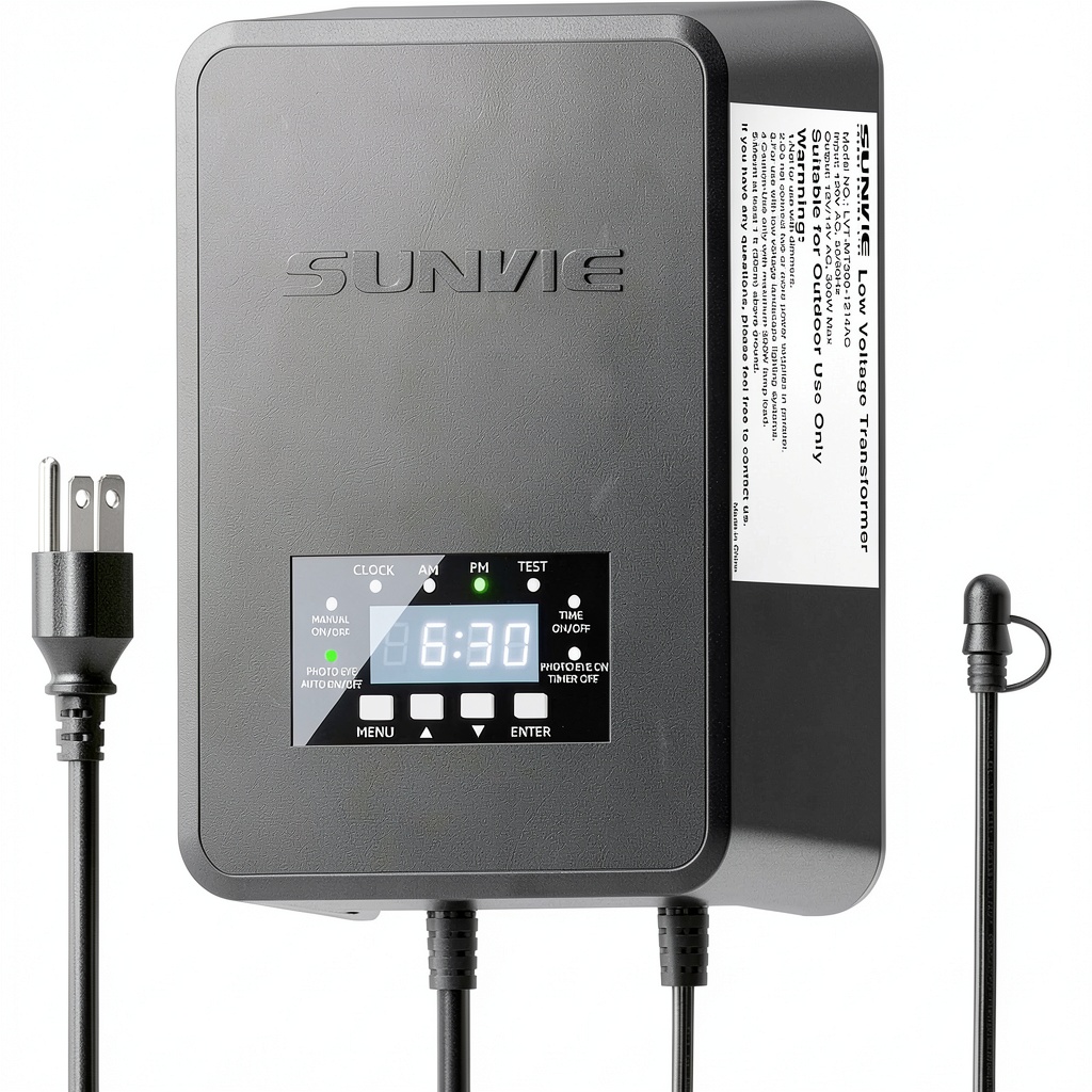 'SUNVIE 300W transformer installed in a garden setting'